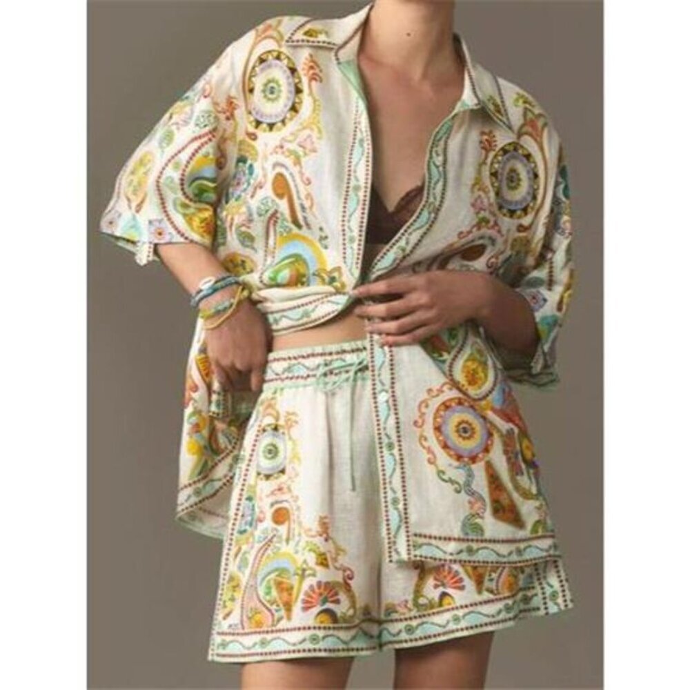 Printed Button Up Shirt and Shorts Set